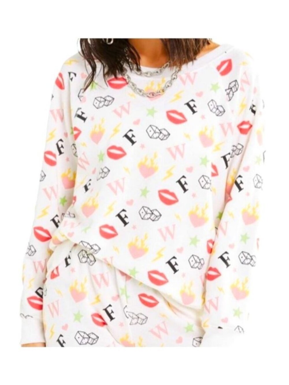 Wildfox | Charmed Sommers White Print Sweatshirt Lips Dice Stars | Size XL